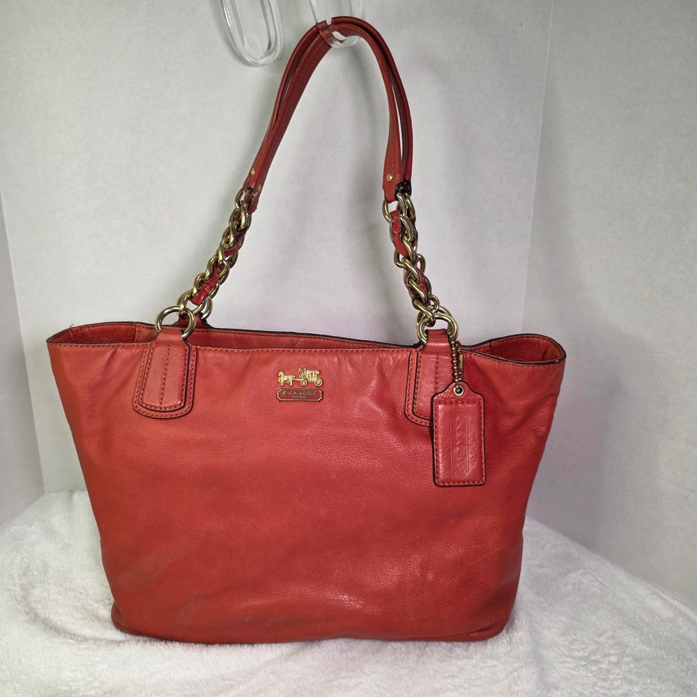 Coach Madison Madeline Orange Leather Tote Bag Gold Chain Satchel 20466